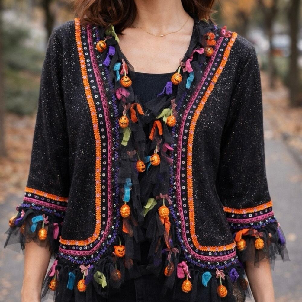 Vintage Design Options Sequins Ribbon Handmade Pumpkin Knit Cardigan Size Small